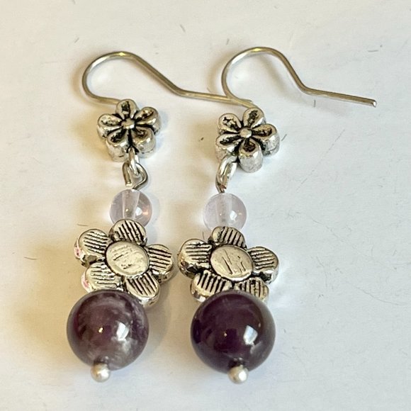 Lavender Purple Amethyst Bead Earrings Silver Plated Flower Dangle Semiprecious - Picture 5 of 7
